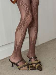 1 pieza Medias vintage de mujer con jacquard de encaje y rosas florales, pantalones ajustados de alta elasticidad, pantimedia transparente y estilizadora