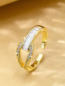 1pc Women's Premium Designed Zirconia Adjustable Open Ring With Inlaid Diamonds - Gold - View 1