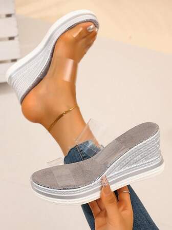 女士透明厚底坡跟休闲时尚凉鞋，夏季灰色仿麂皮和塑料厚底凉鞋