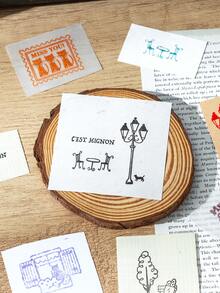 9 Pieces In Vintage Wooden Combination Stamp Set, Creative French Blessing Phrases - Assembled Stamps From Trees, Houses, Street Lamps, Pet Motifs, Suitable For Handbook DIY Photo Album Diary Decoration, Nice And Exquisite Gifts