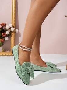 Women's Plus Size Green Point Toe Slip On Flats With Gold Thread Bowknot Decor, 2025 New Fashionable Versatile Sweet Cute Style Suitable For Valentine's Day, Music Festival, Commuting, Comfortable Lightweight Casual Shoes, Mother's Day Gift - Green - View 6