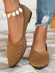 Zapatos planos de mujer con punta puntiaguda de punto, zapatos planos versátiles de unicolor con diseño slip-on casual - Chocolate - Ver 2