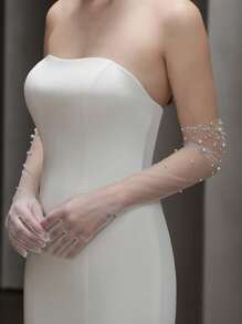 1 Pair Women's Long Beaded Mesh Gloves, Elegant White Long Bridal Wedding Party Photo Accessory, Bridal Wear. Versatile To Match With Wedding Dress Autumn Accessories