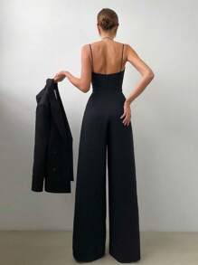 Las mujeres de color sólido sin espalda recta de pierna ancha de cintura a medida mono, elegante temperamento delgado pantalones conjunto de boda del partido / conferencia diaria elegante desgaste preferido