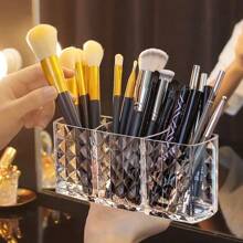 Transparent Acrylic 3-Compartment Cosmetic Storage Box - Perfect For Eyebrow Pencils And Brushes, Portable Organizer With Multiple Compartments, Perfect For Desks And Makeup Brush Racks, Makeup Brush Rack | Modern Makeup Box | Acrylic Makeup Box, Cosmetic Storage And Organization
