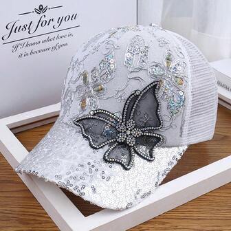 Ladies Embroidered Fashion Mesh Breathable Baseball Cap, Butterfly Sequin Cap, Wind And Sun Protection Casual Girls Hat, Gift For Mom