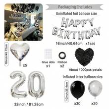 1061pcs Black & Silver Birthday Party Decoration Balloons, 1000pcs Fake Flower Petals, Chrome Silver Latex Balloons, Happy Birthday Banners, Suitable For (16th, 18th, 19th, 20th, 21st, 22nd, 23rd, 24th, 25th, 30th) Men & Women Birthday Decorations, Birthday Party, Anniversary, Room Decor, Valentine's Day, Birthday Celebration