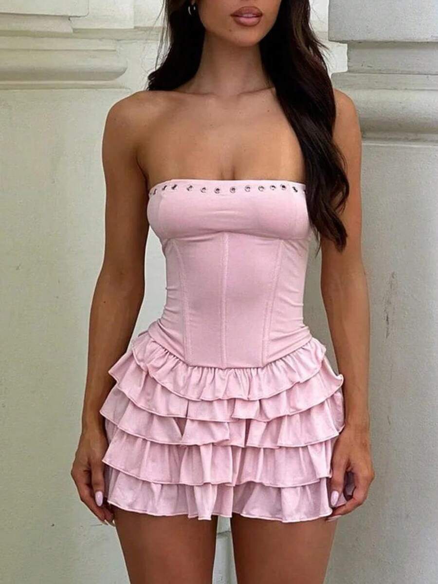 Women Y2K Strapless Short Dress Backless Tube Ruched Ruffle Mini Dress Floral Flowy Sleeveless Bodycon Sundress - Pink - View 1
