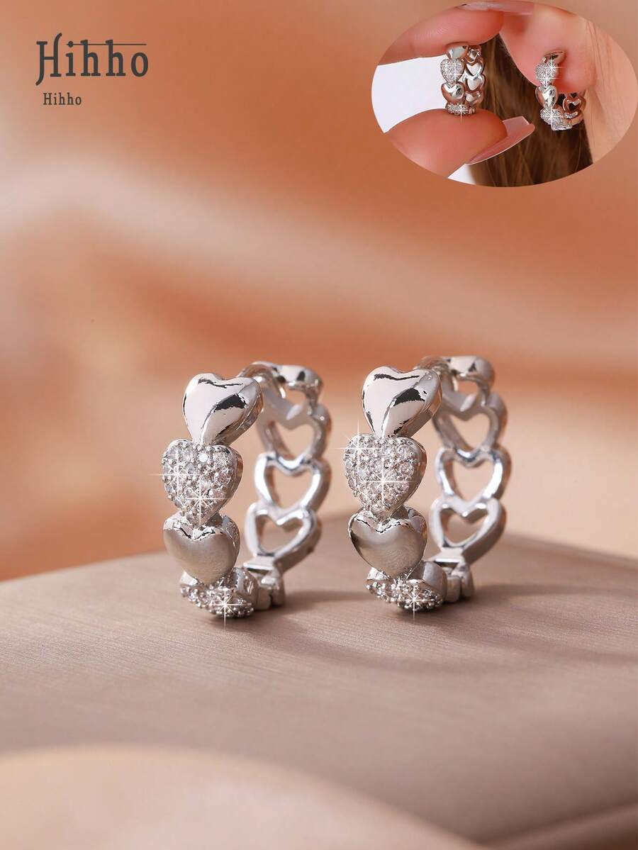 Hihho 1 对时尚、优雅、简约闪亮方晶锆石镶嵌心形环状耳环,女士个性化珠宝,情人节派对礼物 - 銀色 - 查看 1