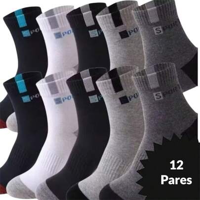 Kit com 12 pares de meias Sport Cano Alto Longo Masculina Unissex Academia Esporte