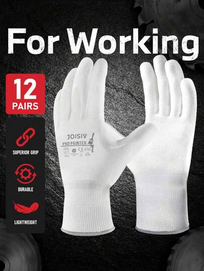 JOISIV 12 Pairs Work Gloves With Grip PU Coating, White Seamless Knit Glove, Polyurethane Dipped For Garden,Warehouse, Auto Repair Working, Breathable Lightweight For Men Women, Ultra-Thin PU Work GLOVES, White