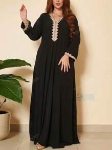 Women Spring/Summer Lace Patchwork Middle Eastern Floral Trim Loose Style Midi Dress, Eid Al-Adha