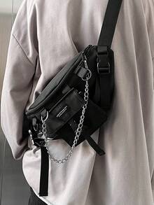 Men's Casual Letter Pattern Chest Bag With Chain - Black - View 3