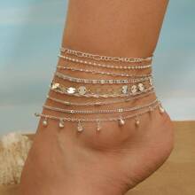 9 Stücke modische minimalistische Metall-Kreis- und geometrische Strass Charm Armkette Set, geeignet für Strandfeste, Zusammenkünfte, Festivals, Geschenke, Sommeroutfits, Schmuckzubehör