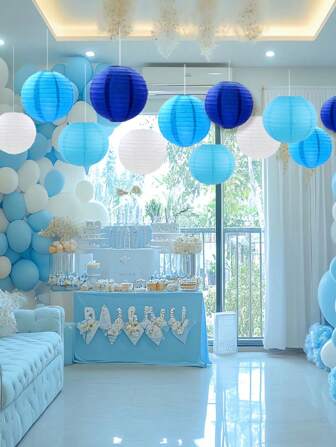 1set(12pcs)/24pcs- Blue Paper/Pink Lantern Lanterns, Creative Folding Circular Decorative Hanging Decorations, Ocean Themed Birthday, Wedding, And Party Decorations