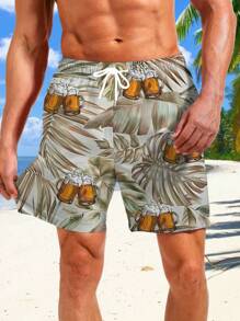 3 piezas Shorts de playa de verano para hombre con cordón, con estampados de hojas y cervezas de moda, ideales para vacaciones en la playa, hawaianos