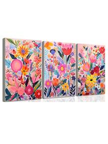 3入組無框帆布海報，復古藝術，卡通和野花藝術油畫海報，適用於臥室、客廳、餐廳、廚房、書房、浴室、走廊、宿舍房，壁畫、壁飾、家居裝飾、房間裝飾帆布印刷完美禮物