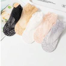 5 Pairs/Set Lace Trim Cotton Ankle Socks, Non-Slip Trench Liner Socks, Bulk Wholesale Rose Polyester Fiber Socks
