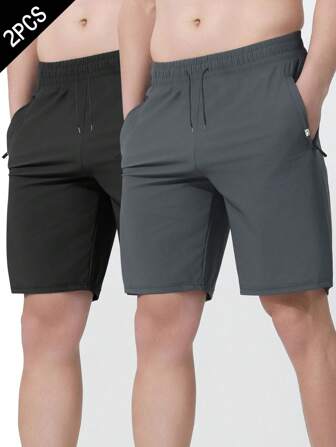 2pcs Men's Solid Color Elastic Waist Summer Lightweight Casual, Outdoor, Hiking, Traveling Sports Shorts