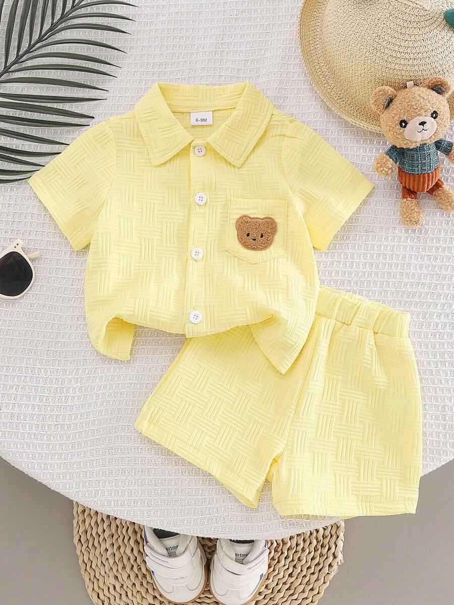 2pcs/Set Toddler Boys Textured Pocket Bear Embroidered Shirt And Shorts Street Fashion Children Outfit