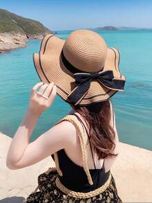Women's 1-Piece Khaki & Beige Straw Woven Wide-Brim Sun Hat - Bohemian Casual Summer Outdoor Hat With Black Ribbon Bow, UV Protection For Beach, Garden & Travel | Lightweight Breathable Boho-Chic Accessory - Hat - View 8