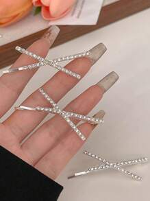2pcs Silver Color Rhinestone X-Shape Hair Clip, Minimalist Design Hair Accessory, Suitable For Bangs & Flyaway Hair