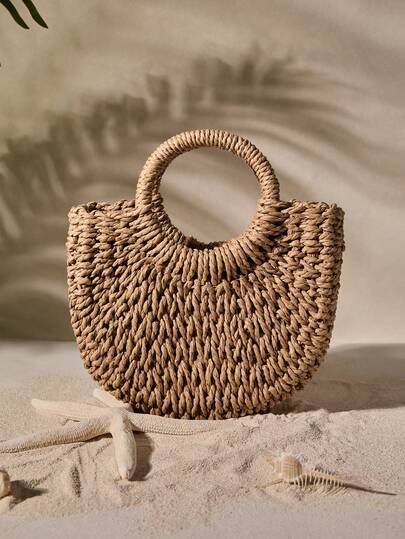 Tropiscape 女士圆顶手提草编包，夏季大容量手提包，半圆编织草编包，女士夏季斜挎包，休闲手提包，迷你圆顶手提草编包，夏季必备，沙滩必备，女士度假休闲包，书包，大容量，便携，秋季圣诞节冬季圣诞礼物