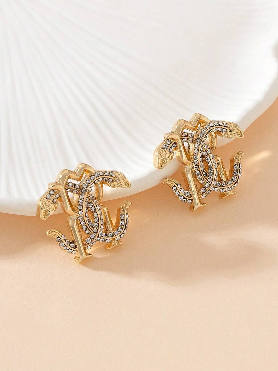 1 Pair Fashionable Punk Style Metal Alloy Rhinestone Snake Shaped Double Snake C Type Stud Earrings, Essential Jewelry For Women Daily, Parties, Travel And Social Gatherings