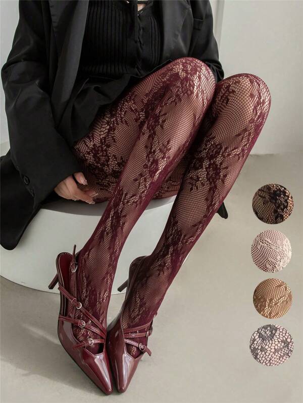1 Pair Of Stockings For Women, High-Grade French Retro Lace Rose Tights, High-Elastic Tights, Hollow Jacquard Slimming Bottoming Socks Fishnet Stockings Vintage French Style Rose Floral Pattern Sheer Tights