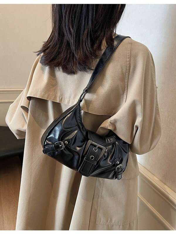 British Retro Style Metallic Motorcycle Bag Women Fashion Buckle Shoulder Crossbody Bag