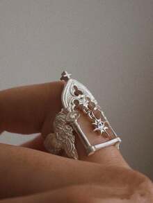 1pc Fashionable And Personalized Copper And Silver Castle Sun Eyes Cross Wings Hollow Geometric Open Ring For Women's Party Daily Wear - Bạc - Xem 3