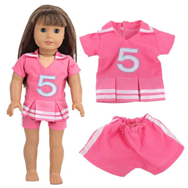 1 Set Pink Short Sleeve Top And Shorts Outfit For 18-Inch Doll, Embroidered Numeric Striped Design, Does Not Include Doll And Shoes, Perfect Gift For Little Girls On Holidays And Birthdays