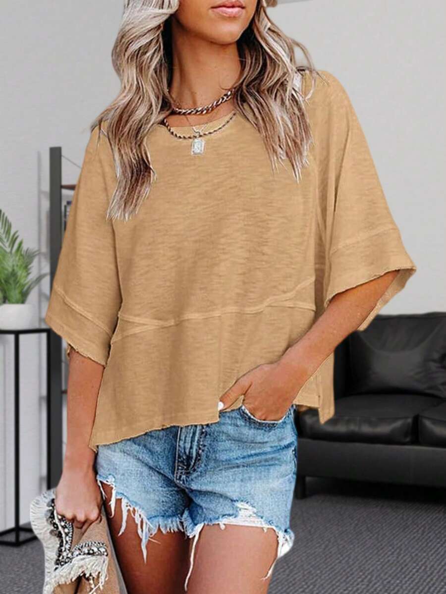 Women's Summer Soft Crewneck Batwing Half Sleeve T-Shirt Solid Color Lightweight Loose Fit Casual Top Christmas Gift & New Year Gift - 卡其色 - 查看 1