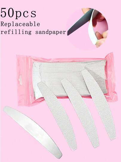50pcs Semi-Circle Gray Sandpaper Replaceable Files, 80/100/180/240 Grit Nail Buffers For Manicure (Stainless Steel Plates Sold Separately)