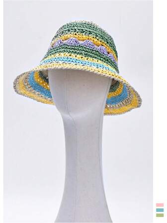 1 件装多色条纹草帽，撞色大帽檐女士遮阳帽，透气镂空设计，海滩度假防晒，个性化拼色，海滩拍照道具帽