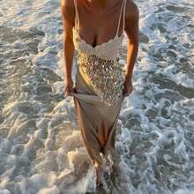 Women's Sequin Knit Crop Top Spaghetti Strap Sleeveless Sexy Low-Cut Irregular Hem Top For Summer Beachwear