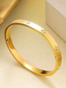 1pc Stainless Steel Cubic Zirconia Bangle Bracelet For Men, 18k Gold Plated, Oval Shaped, Non-Fading Jewelry, Youth Gift