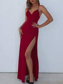 Elisanya 女士纯色交叉带高开衩露背长款紧身优雅性感派对礼服舞会晚礼服 - 酒紅色 - 查看 8