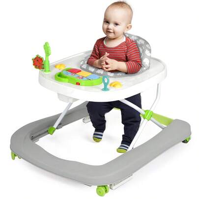 Jooli H Baby Walker With Music And Lights, Universal Wheels, Height Adjustable, Removable Tray, Folding Walker For Girls Boys 6-18 Months, Grey