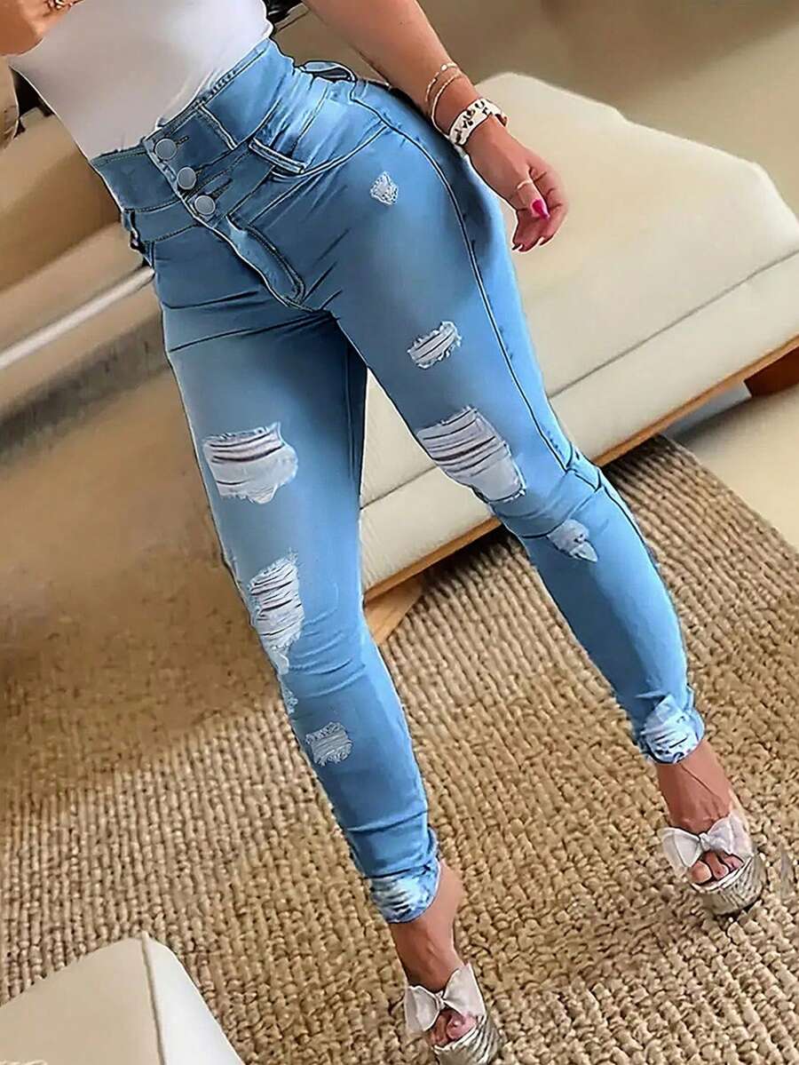 Slim Fit High Waist Sexy Women Denim Jeans,Ladies Pocket,Ripped,Zipper High Waist Skinny Long Light Wash Cotton Skinny Women Jeans,Spring/Fall,Casual Daily Wear - Rửa nhẹ - Xem 1
