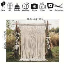1pc2D Bohemian Outdoor Wedding Theme Beige Floral Handmade Tassel Pattern Background Fabric For Outdoor Wedding Party Decoration Banner Photography Background Vinyl