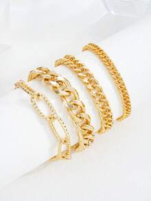 Bộ 4 chiếc vòng tay kim loại dày kết cấu phóng đại, thiết kế cổ điển thanh lịch thời trang, thích hợp cho ngày lễ, tiệc tùng, hẹn hò, quà tặng, đeo hàng ngày - Vàng - Xem 2