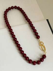 1 pieza Collar de cuentas de piedra natural de ágata roja, cadena dorada para mujer, cierre de doble broche, forma redonda, enchapado en oro de 14K, adecuado para accesorio diario y de fiesta, joyería de moda, regalo para la mejor amiga