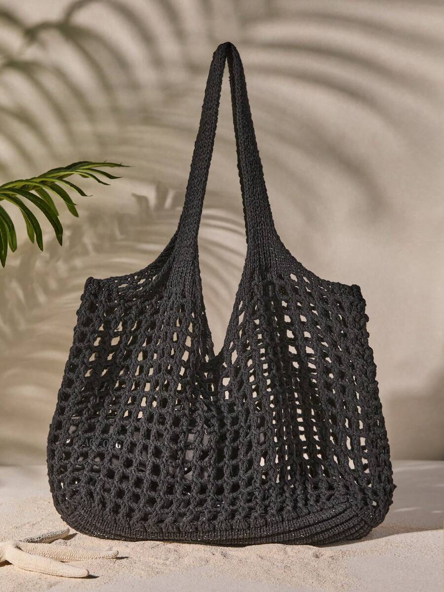 Fashionable Summer Essential: Women Crochet Knitted Handheld Tote Beach Bag, Large Capacity Hollow Out Handbag, Hollow Out Tote Bag, Hollow Out Beach Bag, Shoulder Bag, Women Seasonal Backpack, Beach Purse, Perfect For Summer, Vacation & Daily Use, Travel Must Haves,Elegance Vintage Black,Mother Day Gift,Purse Essentials,Teacher Gifts,School Supplies,Beach Tote Beach Autumn Gifts Cottagecore,SummerOutfit