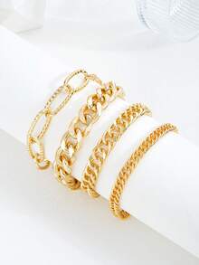 Bộ 4 chiếc vòng tay kim loại dày kết cấu phóng đại, thiết kế cổ điển thanh lịch thời trang, thích hợp cho ngày lễ, tiệc tùng, hẹn hò, quà tặng, đeo hàng ngày - Vàng - Xem 3