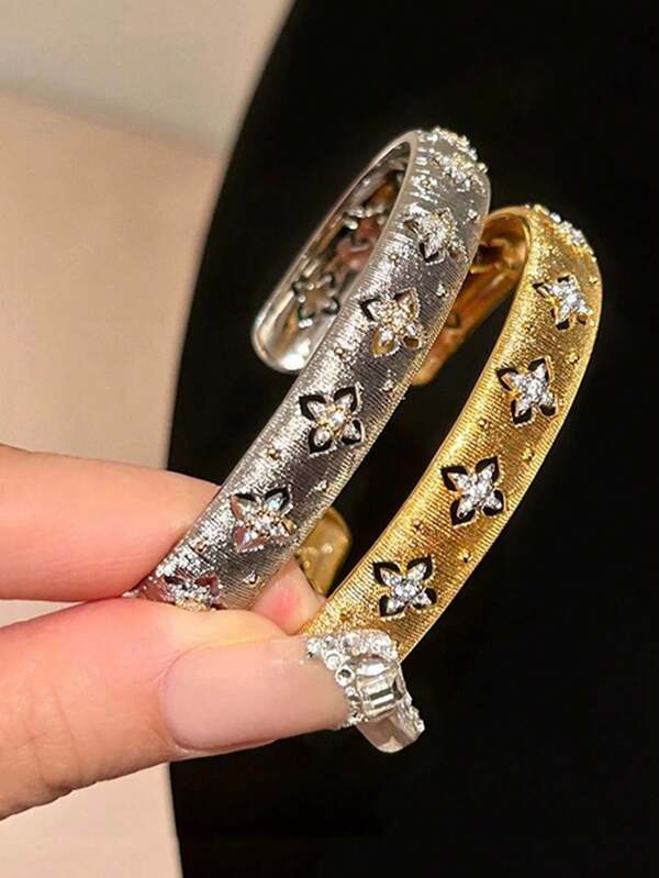 1 pieza Pulsera tipo brazalete vintage con flor de cuatro hojas de circonita para mujeres, estética delicada y lujosa, exclusivo