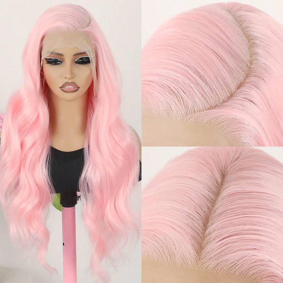 28 Inch Pink Lace Front Wigs For Women 13X6 Curly Wave Glueless Wigs Pre-Plucked Hairline 180% Density Free Part Loose Curly Lace Wigs Comfortable Suitable For Daily Wear & Special Occasions Wig - 粉色 - 查看 1