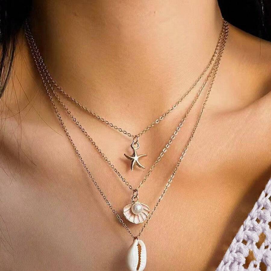 1pc Fashionable Multilayer Alloy Pendant Necklace, Minimalist & Versatile Design Suitable For Parties, Vacations - Yellow Gold - View 1