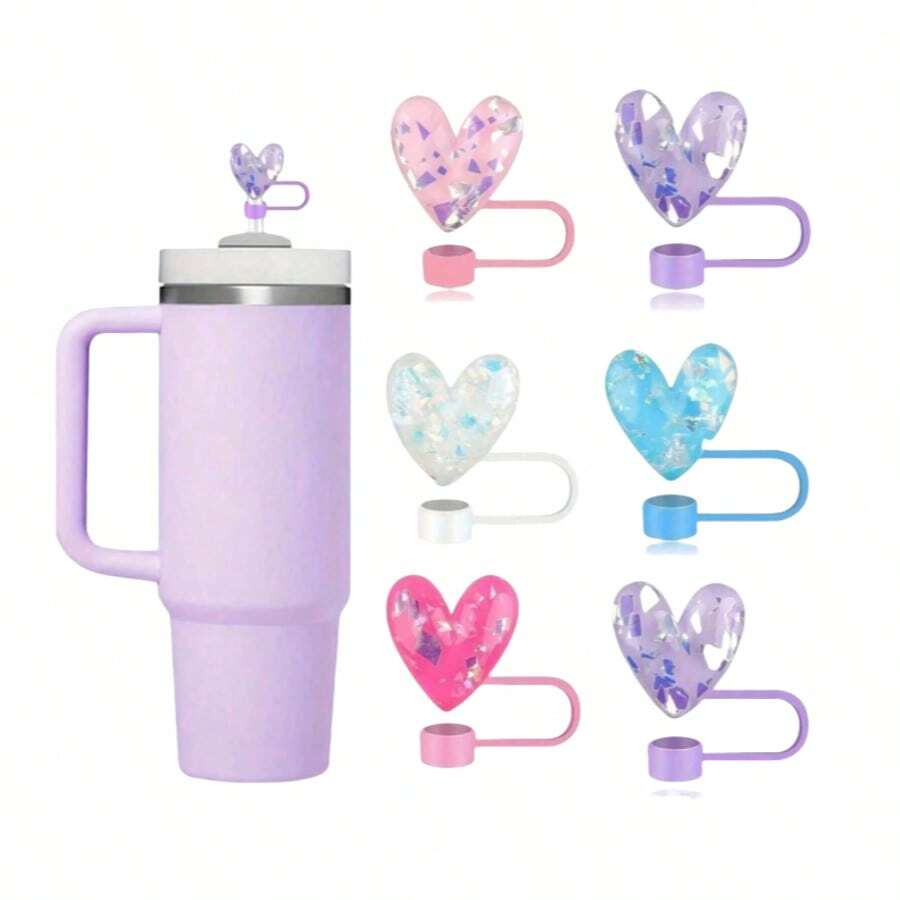 1pc Silicone Heart Shaped Straw Cover, 10mm Diameter Reusable Dust-Proof Straw Cap, Fit For Spill-Proof Cups, Great Mother's Day Gift, Back To School Supplies - Multicolor - View 1