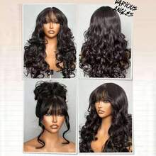 VIOLLY 200% High-Density Elegant Long Black Body Wave Wig With Air Bangs 5X5 Glueless Transparent Lace Frontal Human BlendedHair Wigs Pre-Bleached Invisible Knots Natural-Looking Versatile Styling For All Women - Natural & Black - View 6